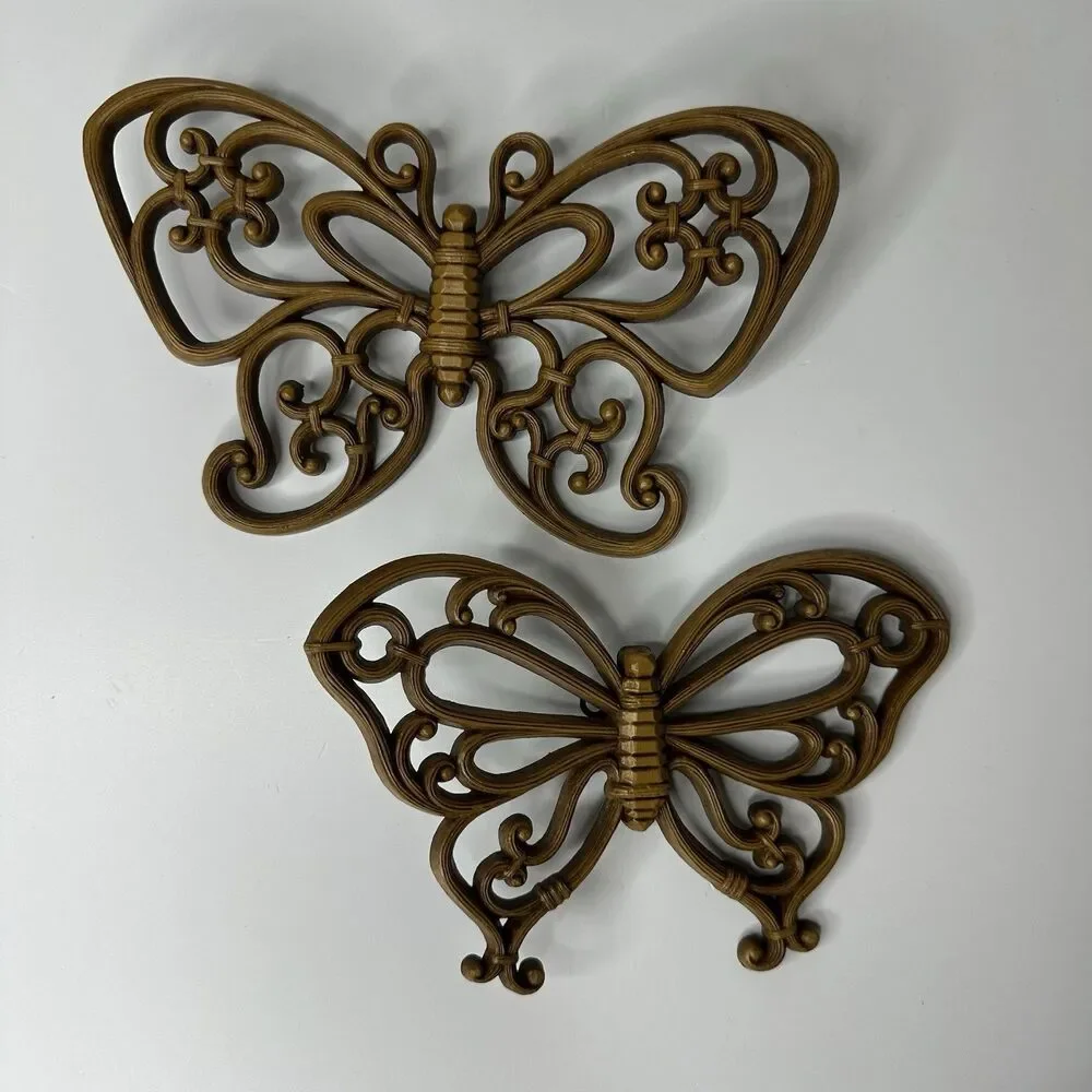Vintage Syroco Homeco Butterfly Wall Hanging Set Of 2 Brown Decor Plaque‎ MCM
